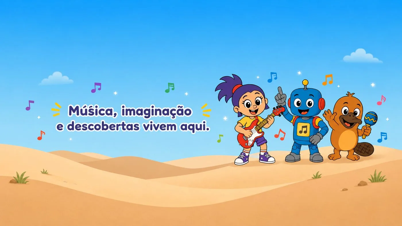 Lupa com a guitarra, Bipe o robô e Pipo o ornitorrinco cantando nas dunas do La La Verso