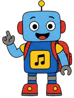 Bipe, o robô azul com mochila vermelha e nota musical no peito