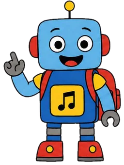 Bipe, o robô azul com mochila vermelha e nota musical no peito