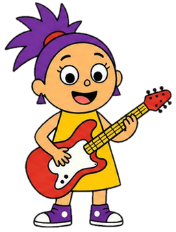 Lupa, a menina exploradora de cabelo roxo com sua guitarra vermelha