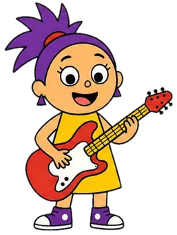 Lupa, a menina exploradora de cabelo roxo com sua guitarra vermelha