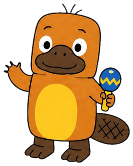 Pipo, o ornitorrinco laranja com seu chocalho azul
