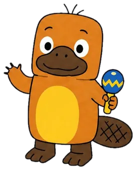 Pipo, o ornitorrinco laranja com seu chocalho azul